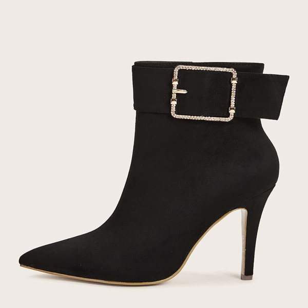 

Rhinestone & Buckle Decor Stiletto Heeled Boots, Black