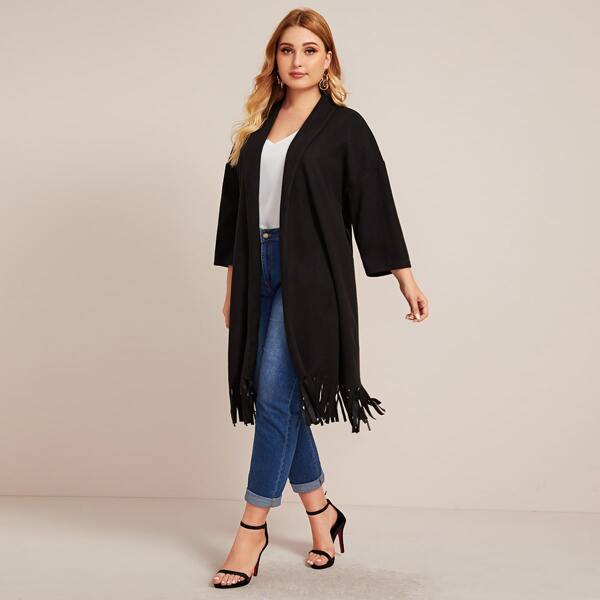 

Plus Fringe Trim Shawl Collar Belted Coat, Black