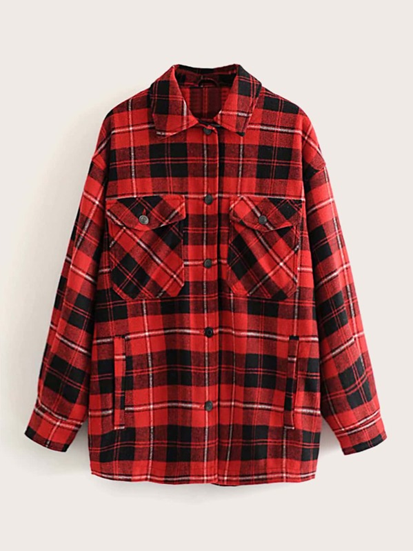 

Plaid Flap Pocket Button Up Blouse, Red