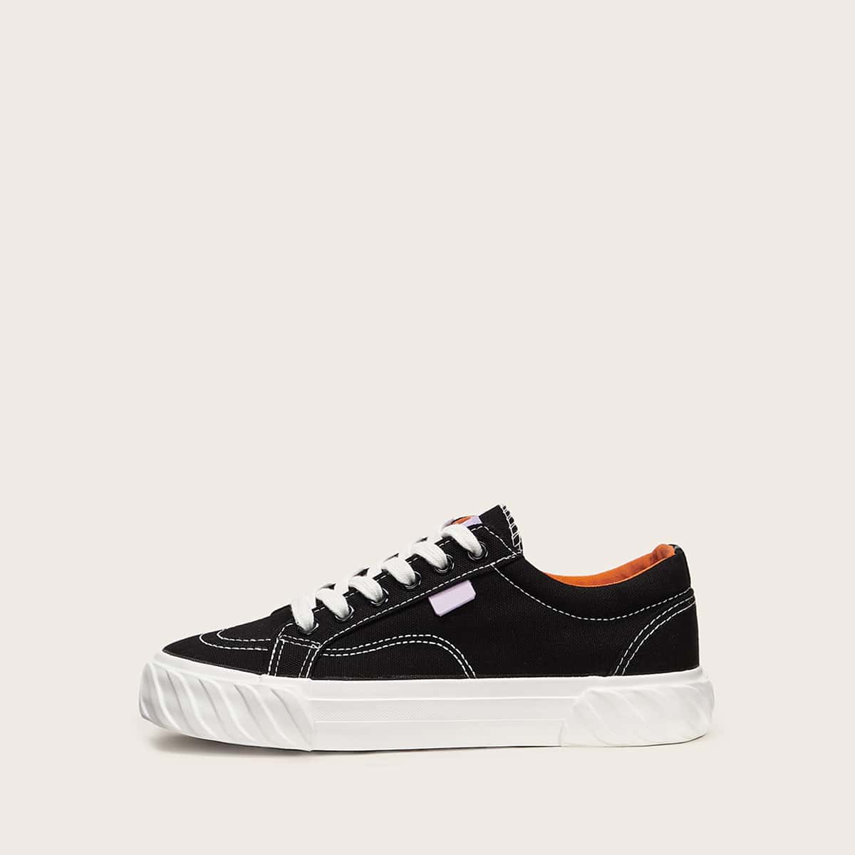 

Stitch Detail Lace-up Front Canvas Sneakers, Black