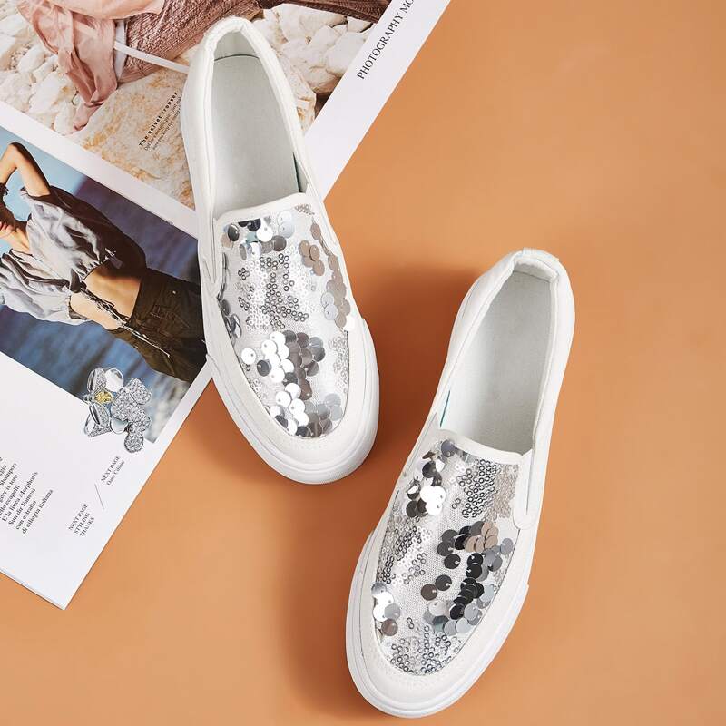 

Sequins Decor Slip On Sneakers, White