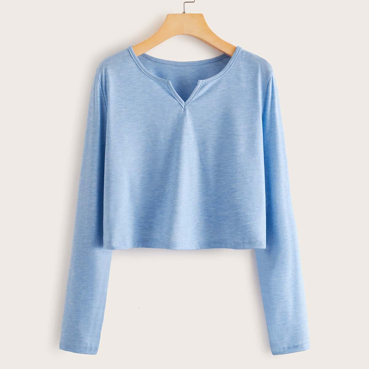

Solid Notched Neck Crop Tee, Blue pastel