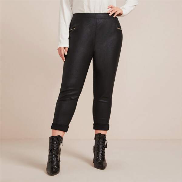 

Plus Zipper Detail Elastic Waist Jeans, Black