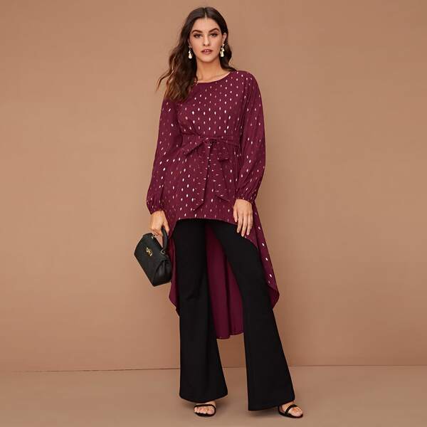 

All Overt Print Dip Hem Belted Blouse, Burgundy