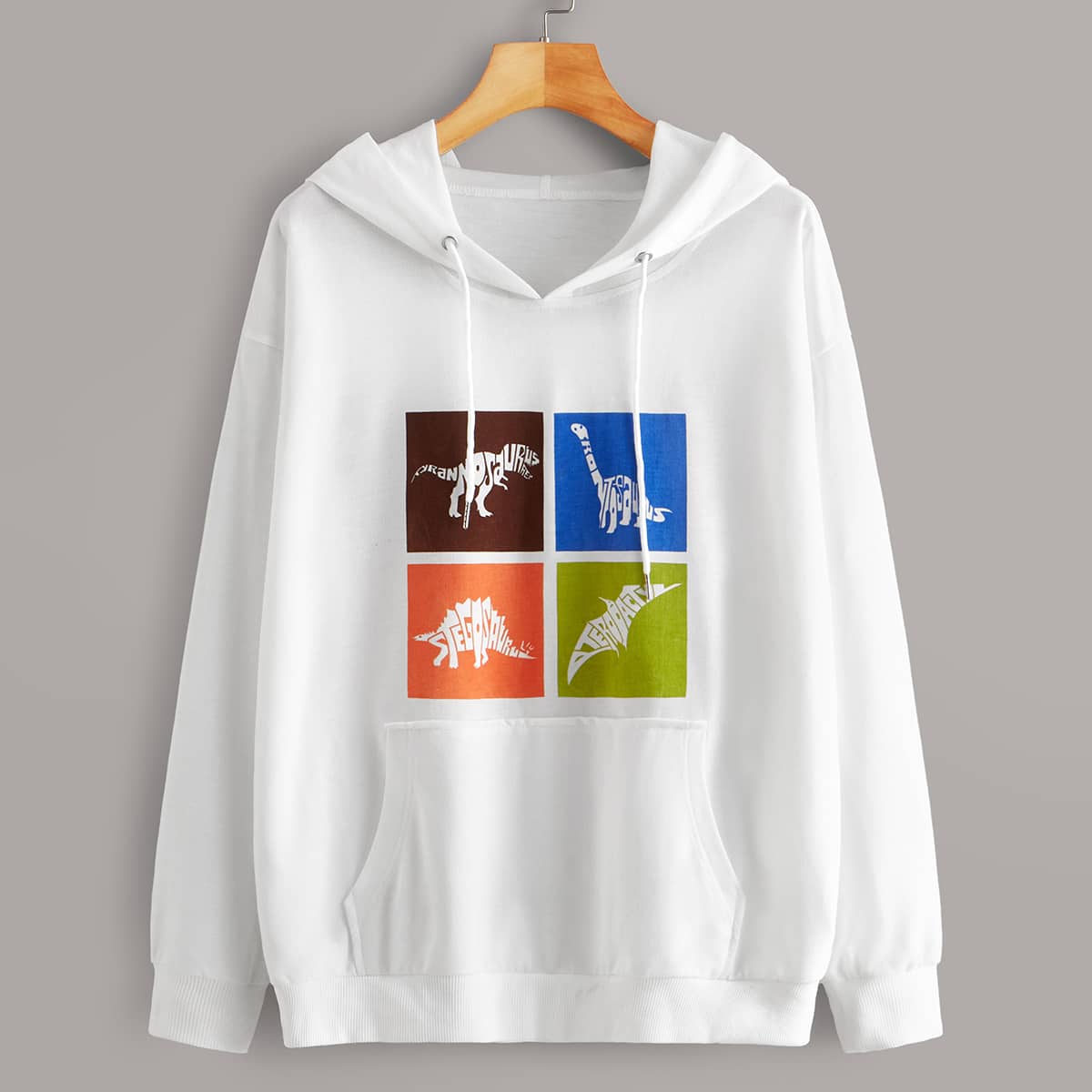 

Graphic Drawstring Kangaroo Pocket Hoodie, White