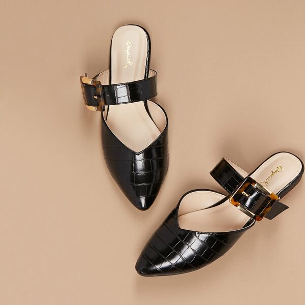 

Tortoise Buckle Croc Embossed Pointed Toe Mules, Black