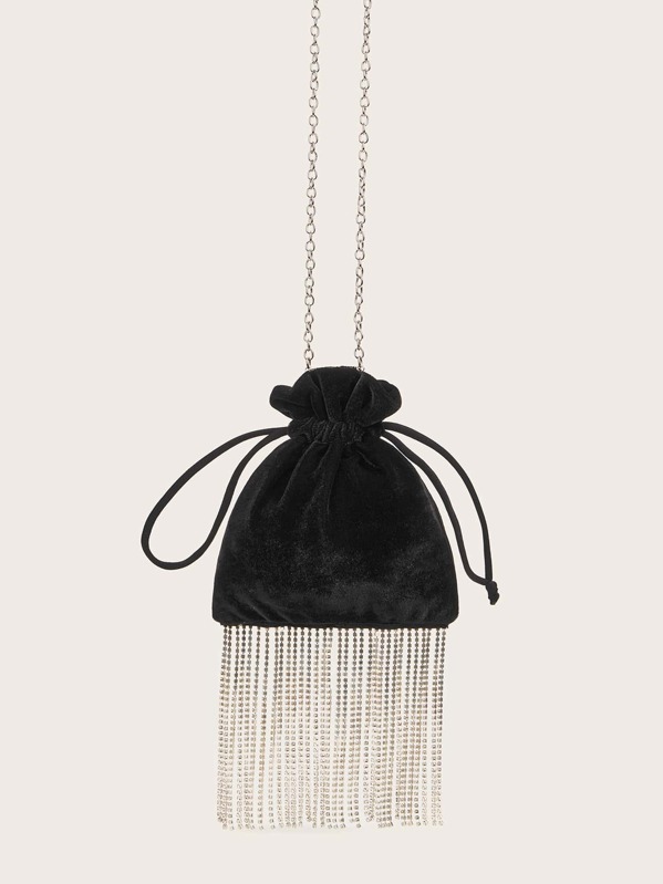 

Rhinestone Decor Fringe Hem Clutch Bag, Black