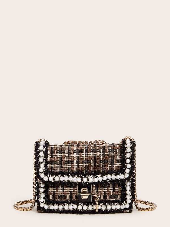 

Pearl Decor Twist Lock Chain Crossbody Bag, Multicolor