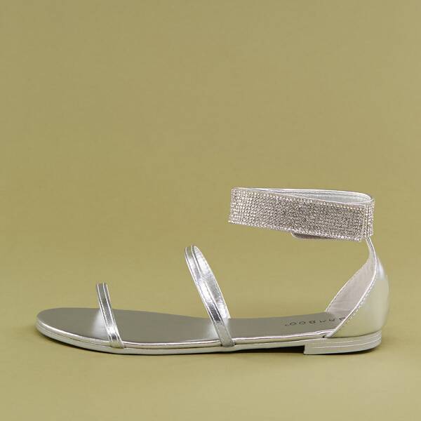 

Crystal Ankle Strap Open Toe Metallic Sandals, Silver