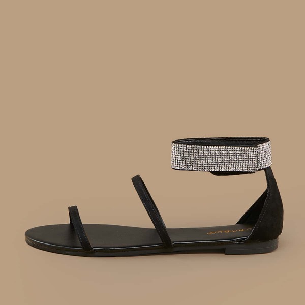 

Rhinestone Ankle Strap Open Toe Flat Sandals, Black