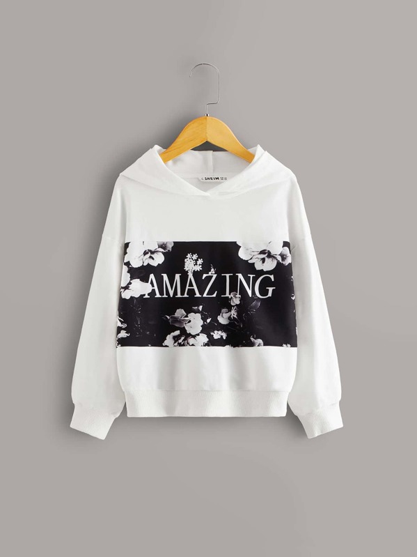 

Girls Floral and Letter Graphic Hoodie, White