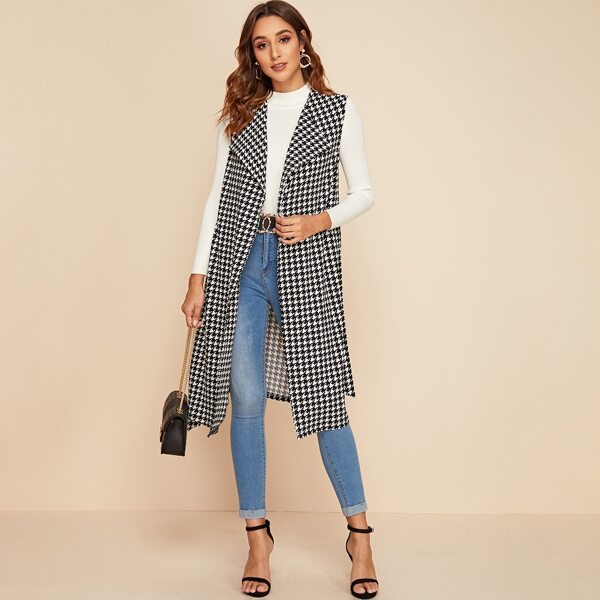 

Open Front Belted Houndstooth Vest Coat, Black and white