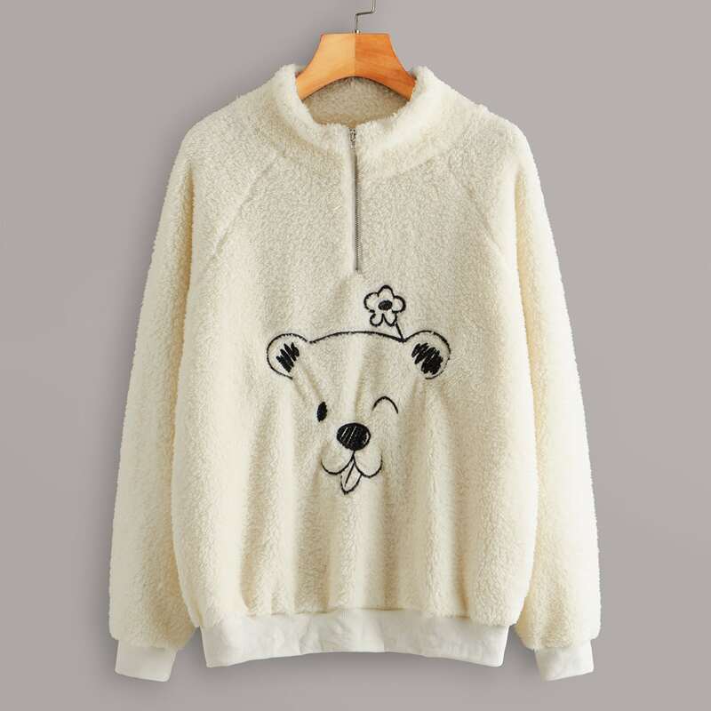 

Cartoon Embroidered Half Zip Teddy Sweatshirt, Beige