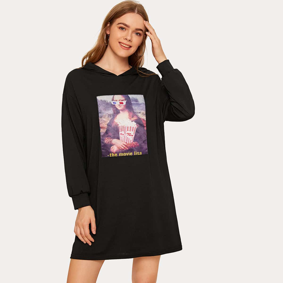 

Figure & Letter Graphic Hoodie Dress, Black