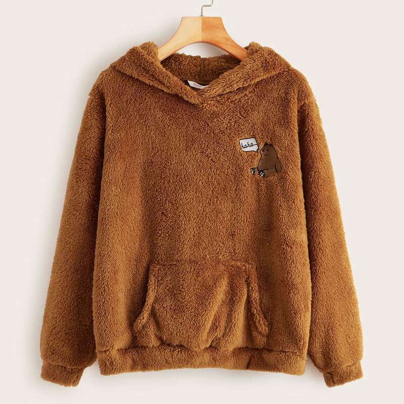 

Cartoon Embroidered Drop Shoulder Teddy Hoodie, Brown
