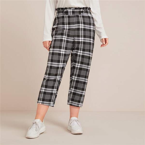 

Plus Paperbag Waist Plaid Crop Pants, Black and white