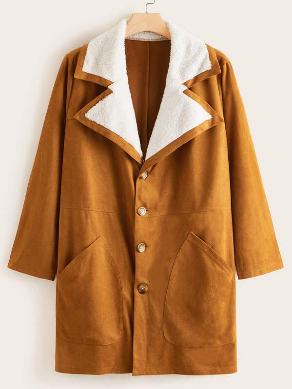 

Plus Contrast Teddy Collar Button Front Suede Overcoat, Camel