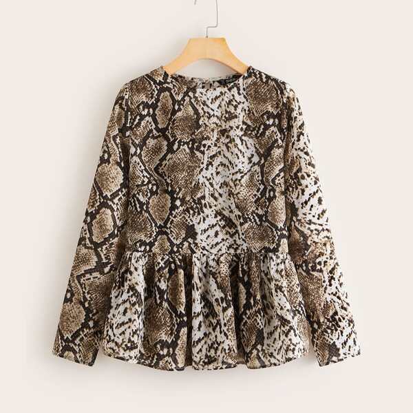 

Snakeskin Print Keyhole Back Peplum Blouse, Multicolor