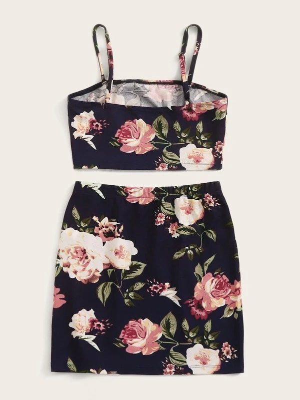 Womens Casual Dress Set,Cami Flower Print Dress With Solid Color Crop T-shirt Navy,M
