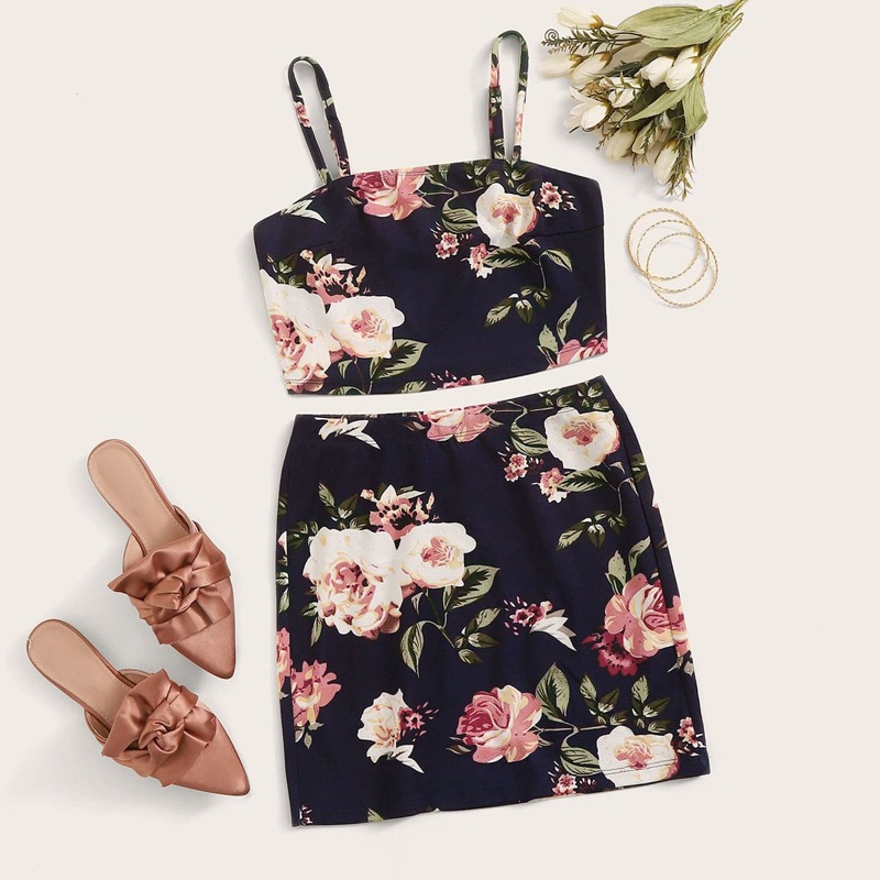

Floral Print Crop Cami Top & Skirt Set, Navy