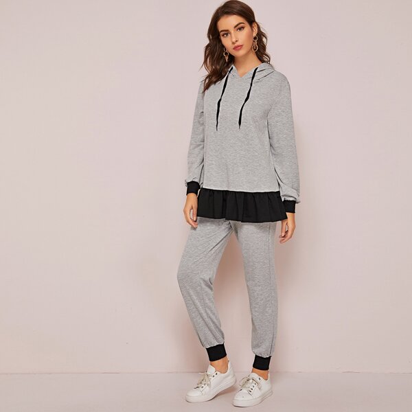

Contrast Ruffle Hem Drawstring Hoodie & Sweatpants Set, Grey