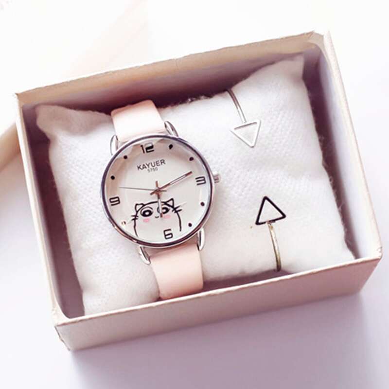 

1pc Cartoon Cat Print Dial Watch & 1pc Cuff