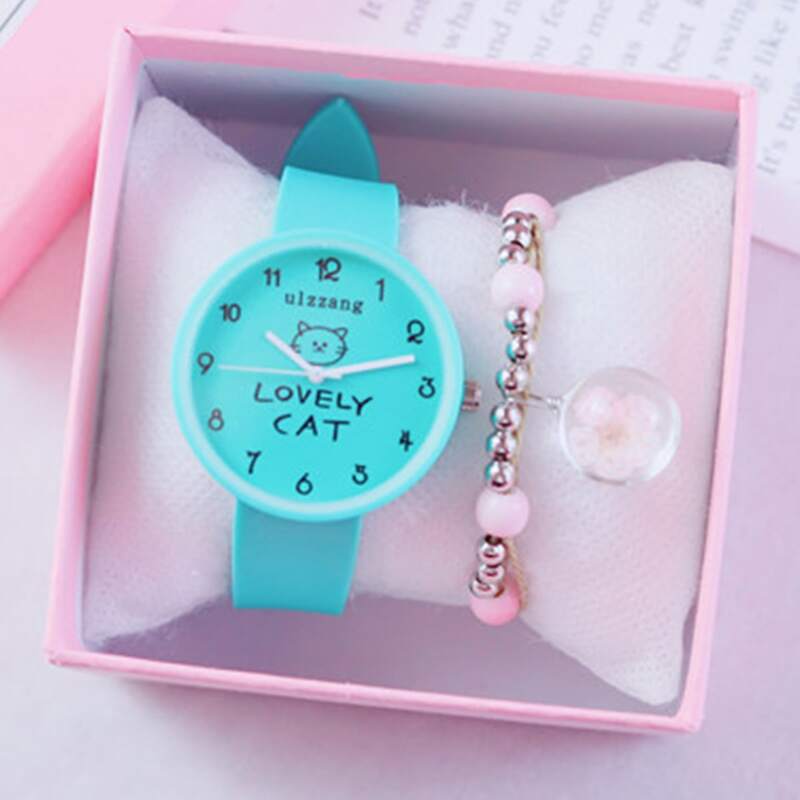 

1pc Cartoon Cat Print Dial Watch & 1pc Bracelet