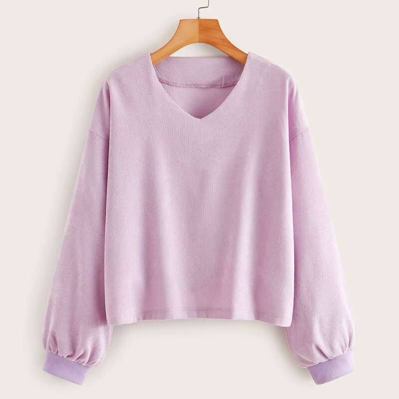 

V-neck Drop Shoulder Corduroy Sweatshirt, Purple pastel