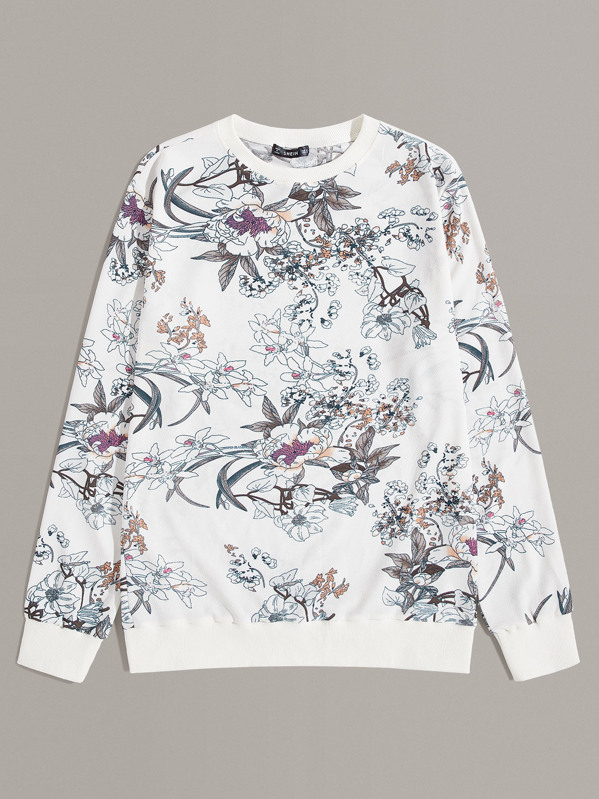 

Men Drop Shoulder Botanical Print Pullover, Multicolor
