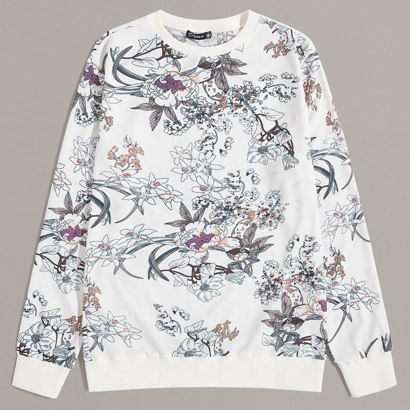 

Guys Drop Shoulder Botanical Print Pullover, Multicolor
