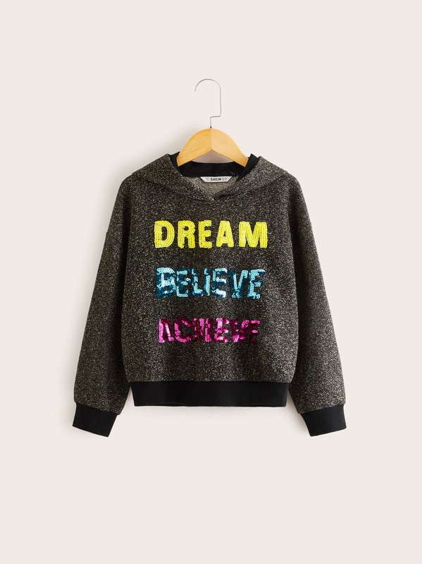 

Girls Drop Shoulder Sequin Slogan Hoodie, Black