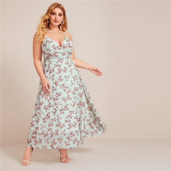 

Plus Floral Print Criss-cross Cami Dress, Green