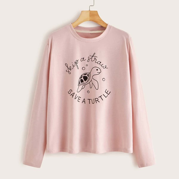 

Turtle & Slogan Graphic Long Sleeve Tee, Pink