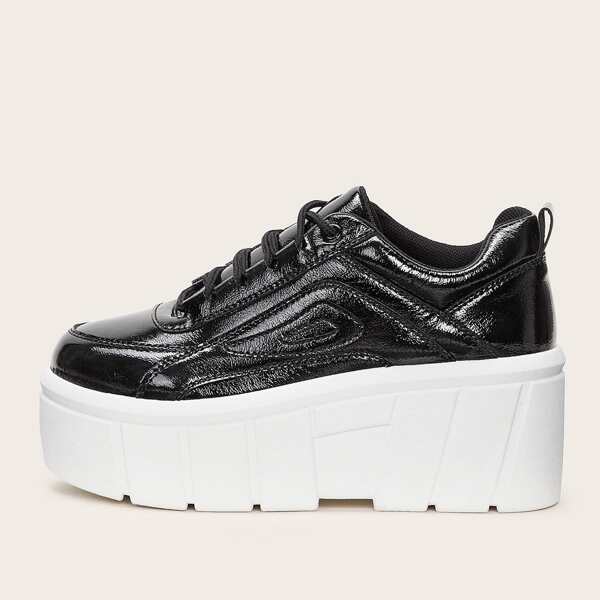 

Lace-up Front Wedges Sneakers, Black and white