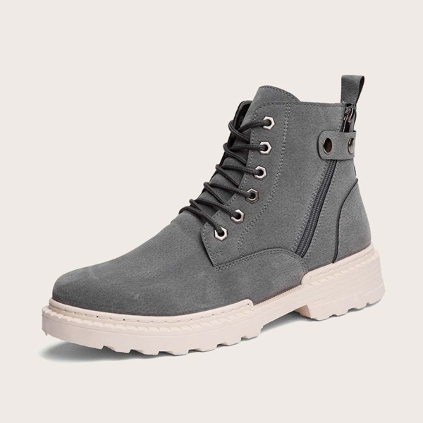 

Men Lace-up Front Side Zip Combat Boots, Grey