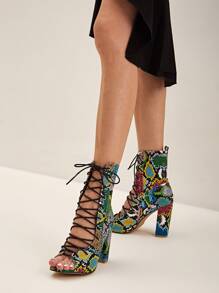 Snakeskin Lace-up Front Chunky Sandal Boots - Multicolor - View 2