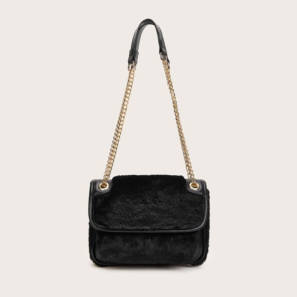 

Faux Fur Chain Tote Bag, Black