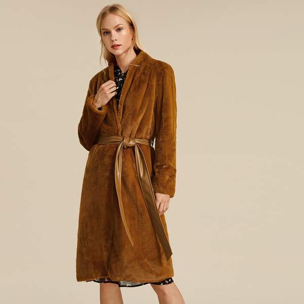 

Faux Fur Belted Coat, Brown