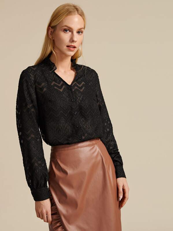 

Premium Frilled Neck Chevron Jacquard Sheer Blouse, Black, Denisa