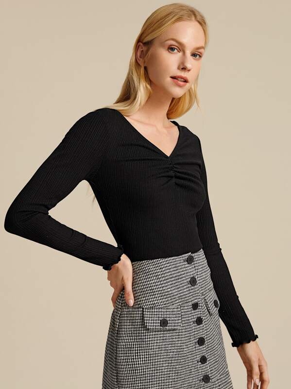 

V-neck Ruched Front Rib-knit Tee, Black, Denisa