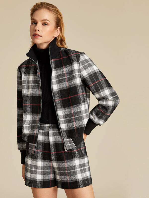 

Premium Zip Up Plaid Jacket & Shorts Set, Black and white, Denisa