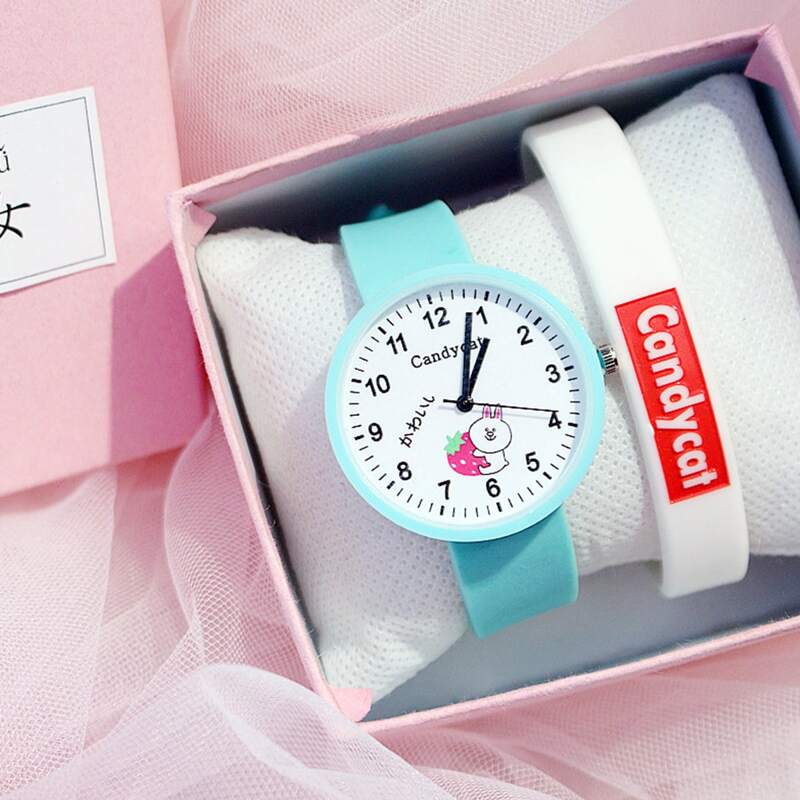 

2pcs Simple Cartoon Quartz Watch With Rubber Bracelet