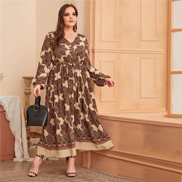 

Plus Surplice Neck Self Belted Scarf Print Dress, Multicolor