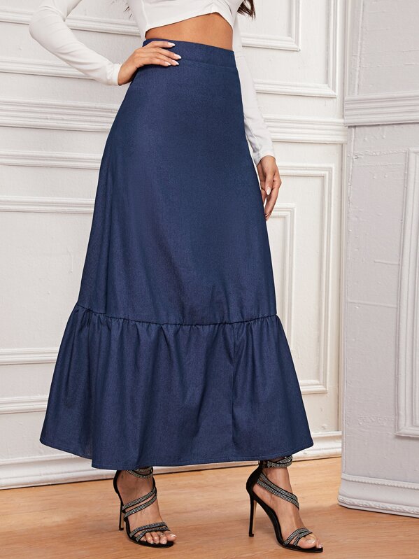 

Zip Back Ruffle Hem Maxi A-line Denim Skirt, Navy, Andy
