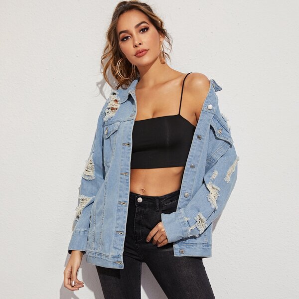 

Ripped Detail Bleach Wash Denim Jacket, Blue