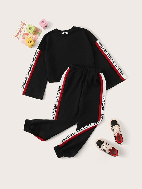 

Girls Letter Graphic Striped Side Pullover & Joggers Set, Black