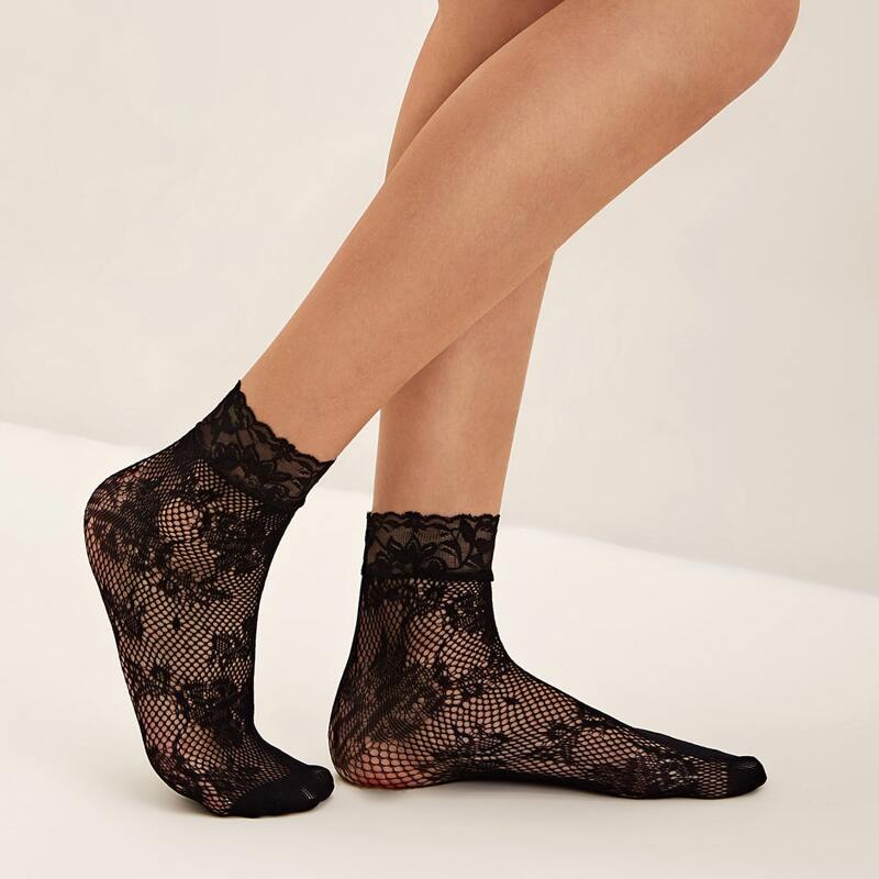 

2pairs Fishnet & Flower Pattern Mesh Socks, Black