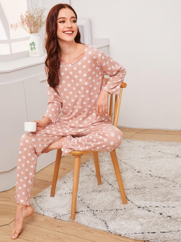 

Polka Dot Lettuce Trim PJ Set, Pink, Poly