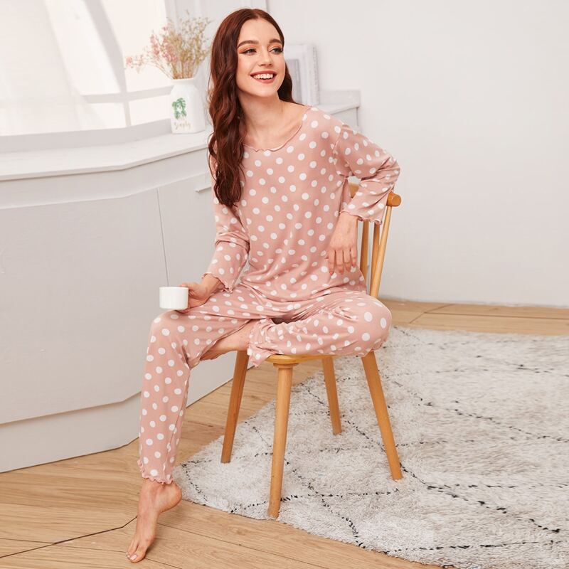 

Polka Dot Lettuce Trim PJ Set, Pink