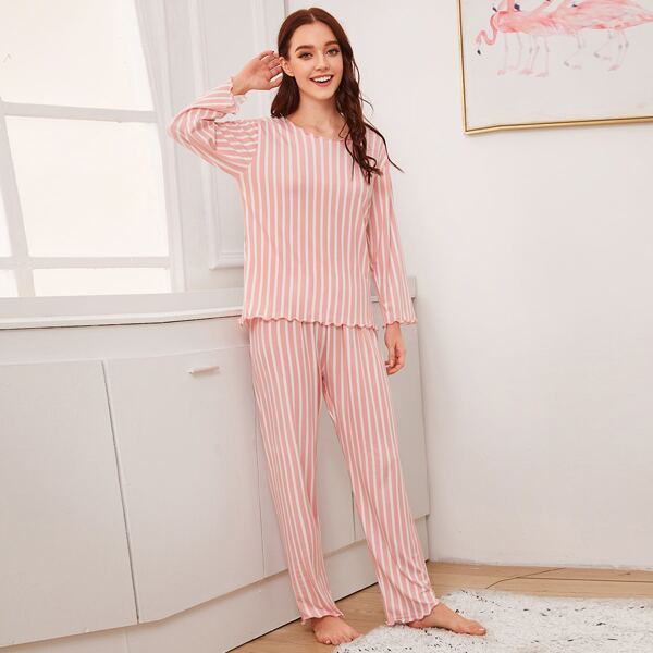 

Striped Lettuce Trim PJ Set, Pink